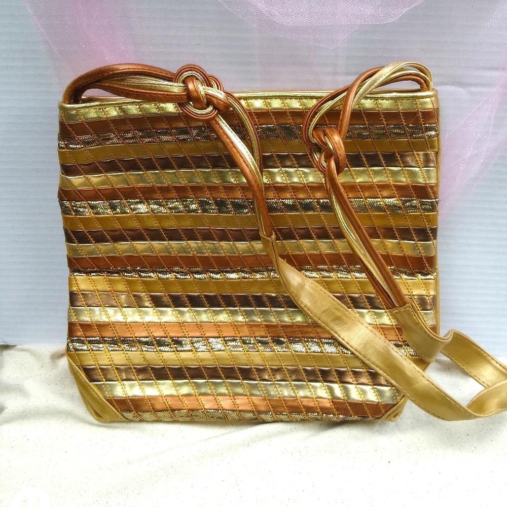 Cooper J Gold Leather Quilted Ribbon Slim Tote Vintage